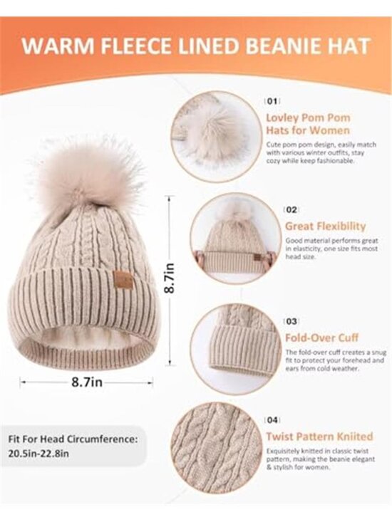 Womens Winter Hat Scarf Gloves Set Fleece Lined Knit Pom Pom Touchscreen main image 7